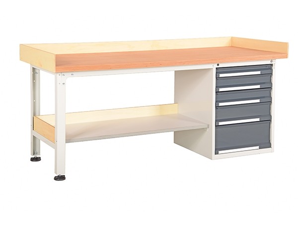 Werkbank Grundtisch mit 1 Schubladenblock, Zwischenablage und Randleisten-1500-A Melaminharzbeschichtet, 25 mm-RAL 3003 rubinrot