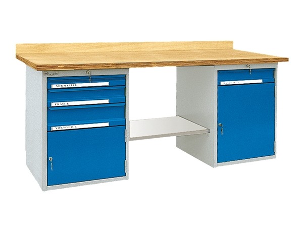 Werkbank Grundtisch mit 2 Schubladenblöcken, Zwischenablage und Randleiste-1500-A Melaminharzbeschichtet, 25 mm-RAL 3003 rubinrot