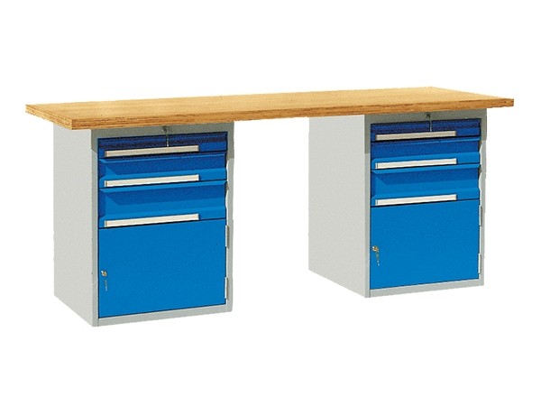 Werkbank Grundtisch mit 2 Schubladenblöcken-1500-A Melaminharzbeschichtet, 25 mm-RAL 3003 rubinrot
